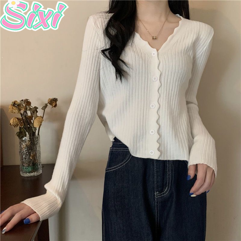 SIXI Cardigan Crop Top Outer Rajut Premium Soft Knit Pendek Cardigan Korea V Neck Lengan Panjang