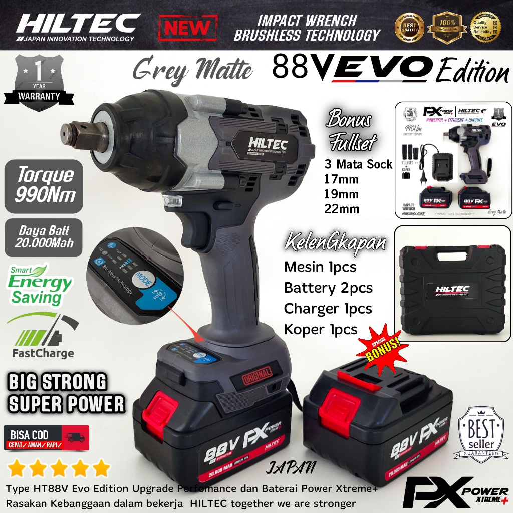 Impact Wrench Mesin Buka Baut TRUCK KAPAL PESAWAT HILTEC 88V Evo 990NM 20000MAH BERKEKUATAN MONSTER