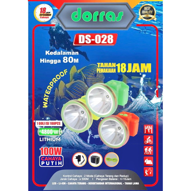 SENTER KEPALA DORRAS DS-028 100w 100watt CAHAYA PUTIH