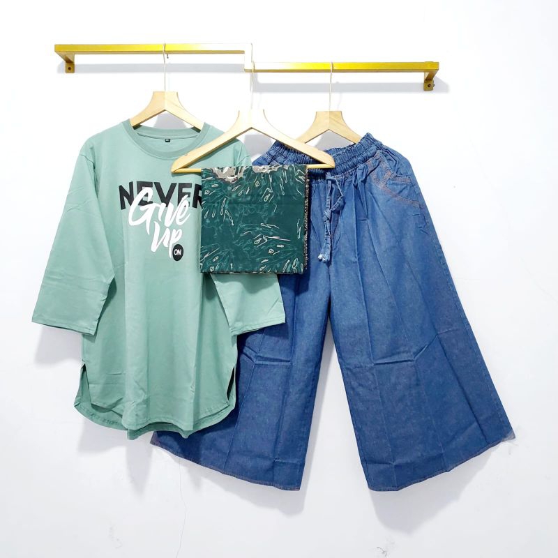 NEW  KAOS COMBED XXL SET KULOT JEANS JUMBO + HIJAB // KAOS // KULOT // SETELAN JUMBO