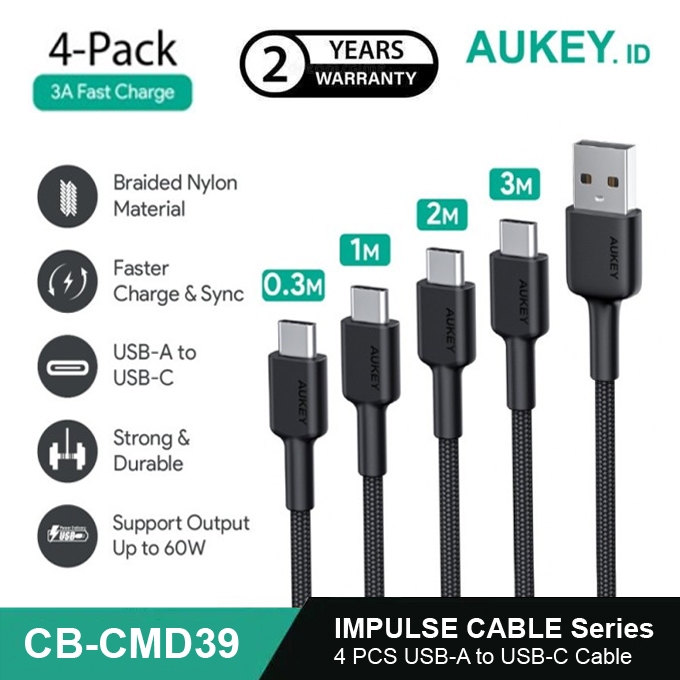 Aukey CB-CMD39 Kabel Charger Type A to C 0.3m+1m+2m+3m