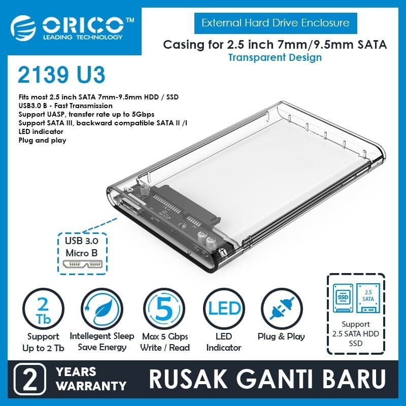 ORICO 2139U3 2.5 inch Transparent USB3.0 Hard Drive Enclosure - 2139U3