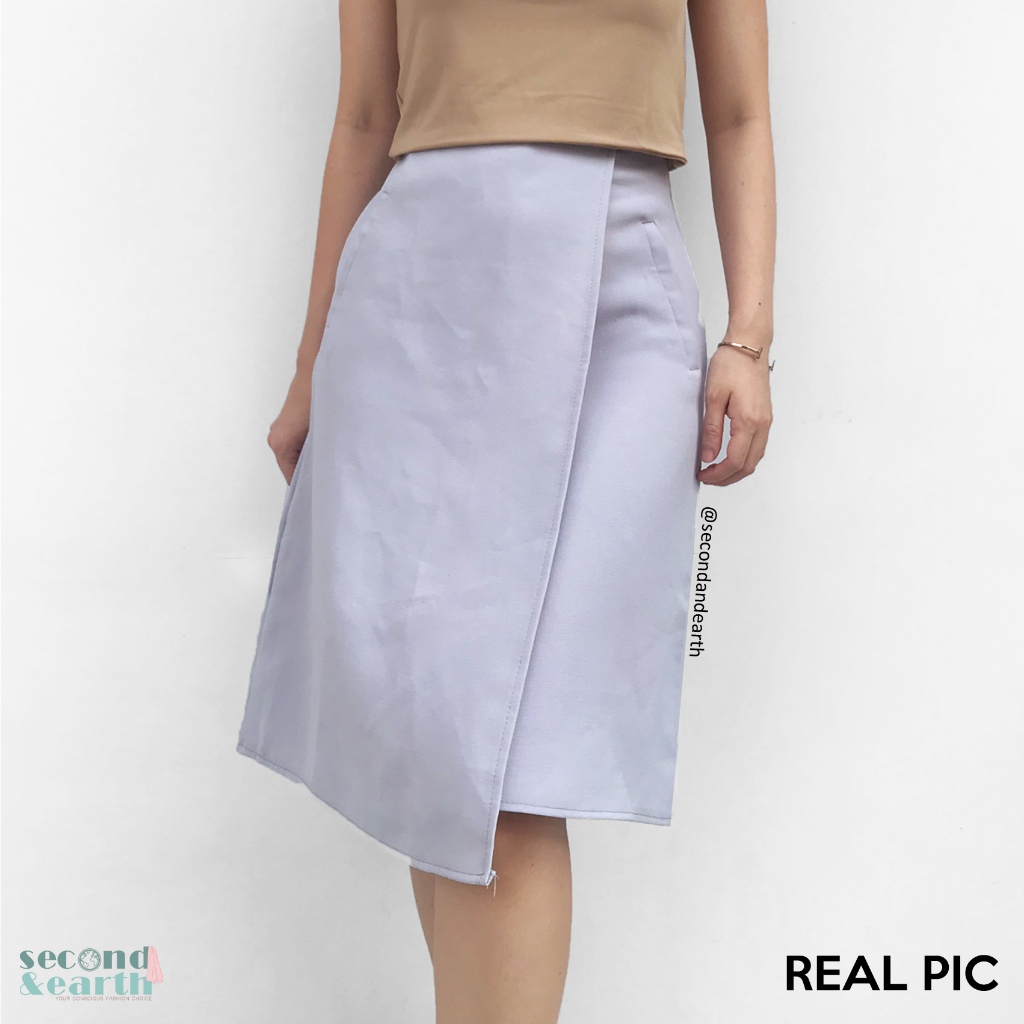 Midi Skirt Overlapped (S) Rok Kerja Wanita Rok A-Line High Waist Biru Muda Abu Polos Highwaist ALine