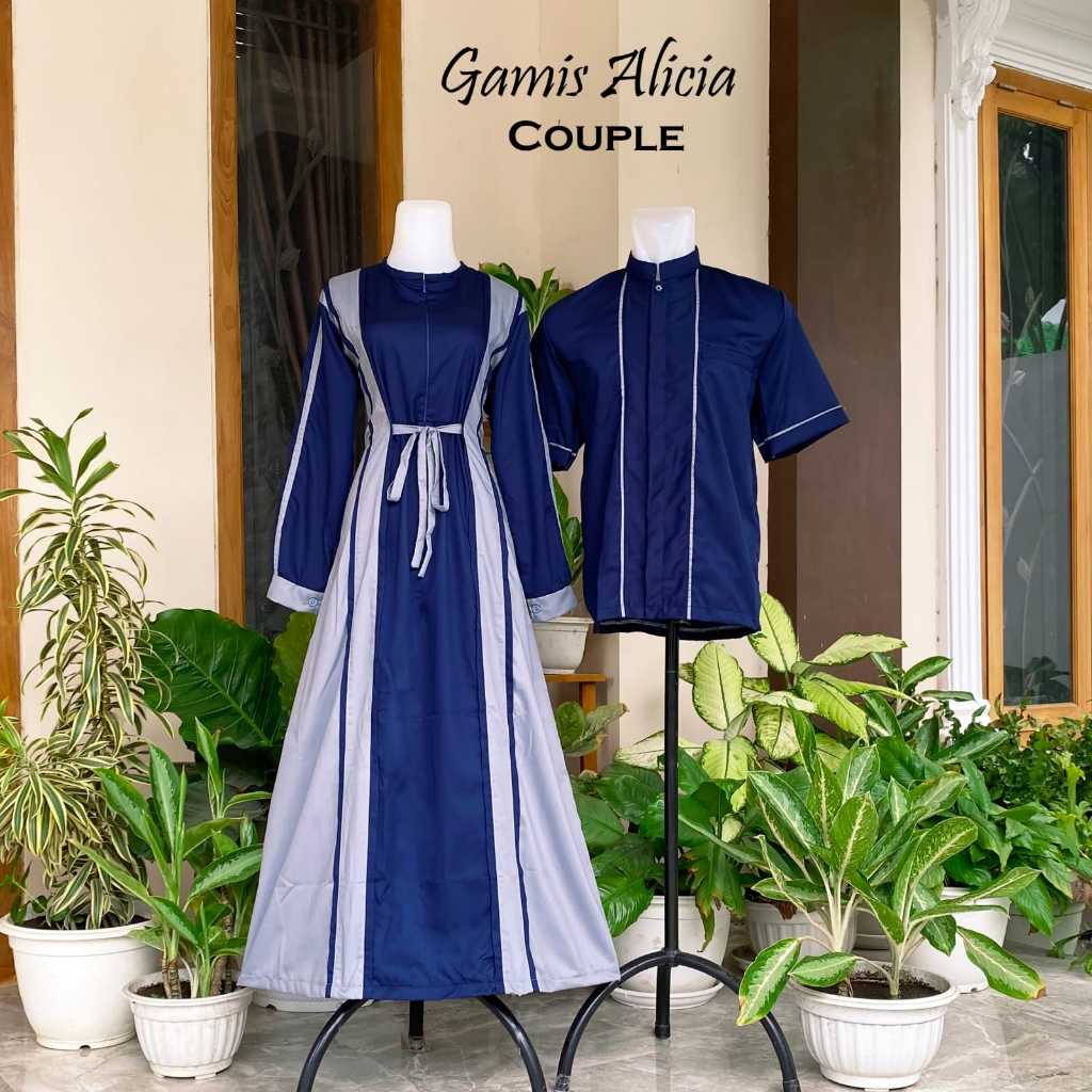 Azzafran – Gamis Alicia Couple Pasangan Modern Warna Navy Abu Gamis Couple Elegan Serasi
