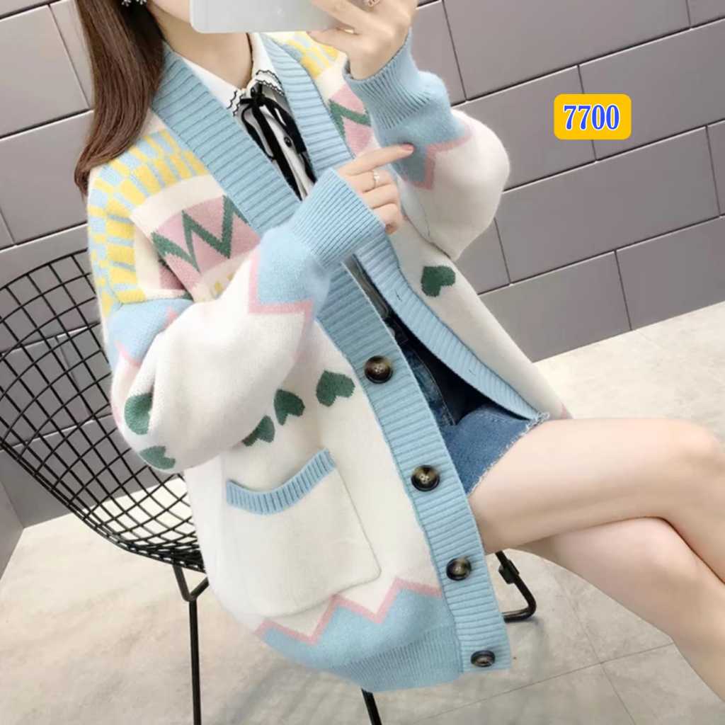 Cardi Rajut Corak Warna 7700 /Rompi Rajut Panjang Kardigan  Cardi Rajut Korea  Atasan Import Murah