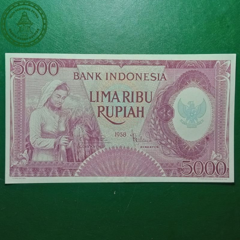 Uang kuno 5000 rupiah pekerja tangan ungu/violet 1958