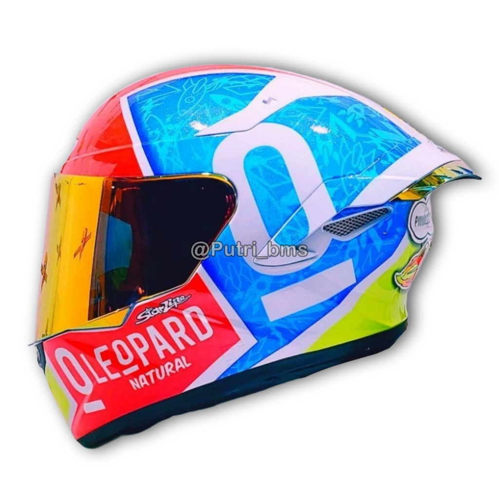 Helm Sepeda Motor Full Face KBR TT Course Motif Missano Paket Ganteng Kaca Visor Blue / Red + Spoile