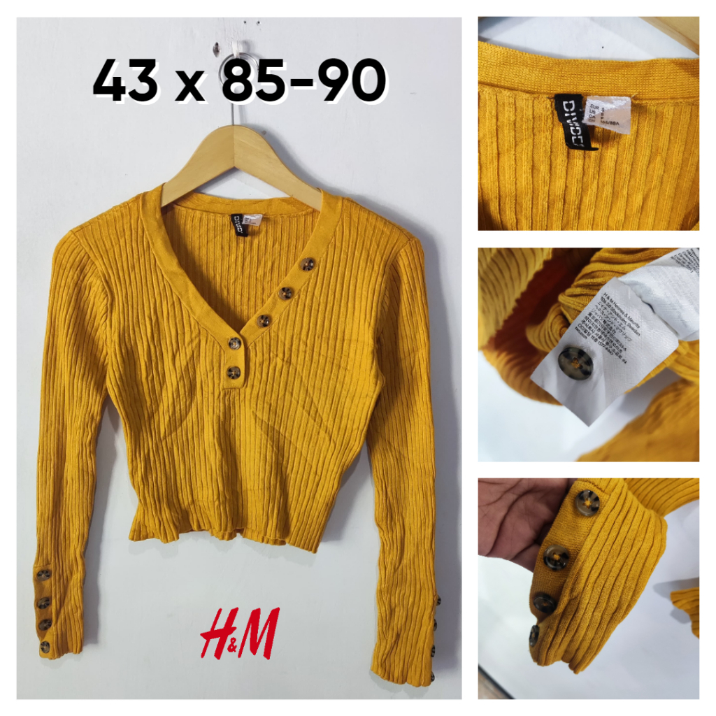 Sweater Crop Lidi H&M Divided Kuning Kunyit V Neck Size s Wanita Atasan Cewek Outer YT171