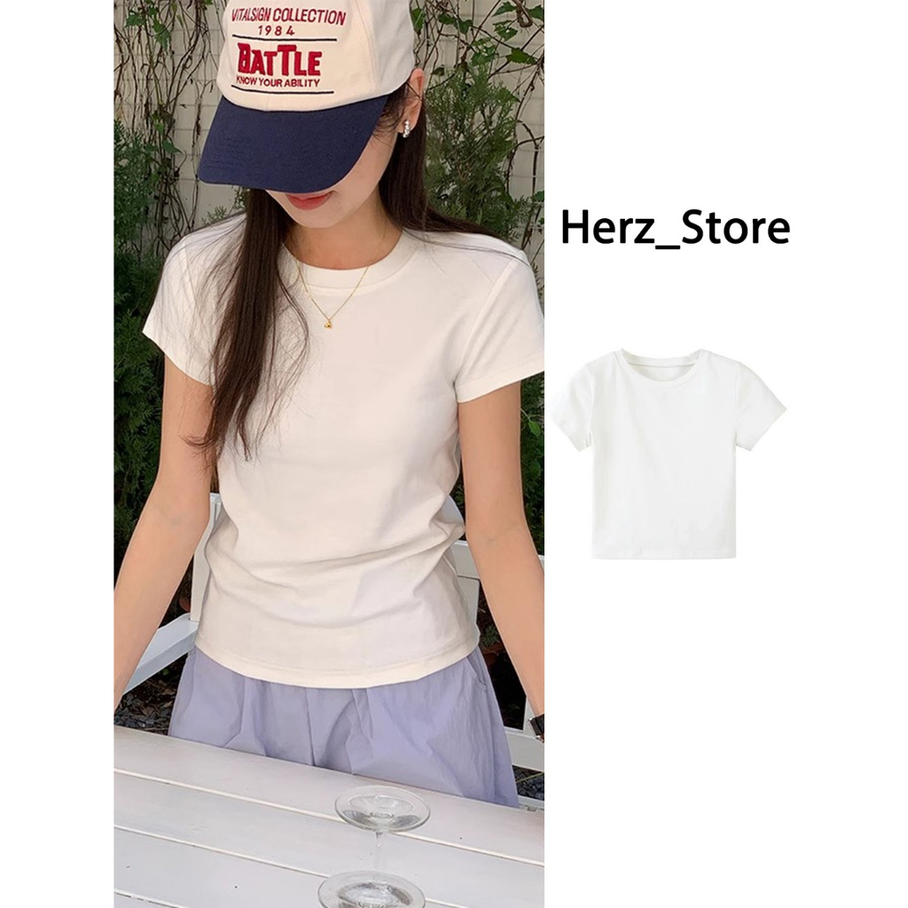 Kaos Basic Putih Wanita Atasan T-shirt Bahu Kanan Slim Fit Leher Bulat Tee Polos Korea Style Kaos Wa