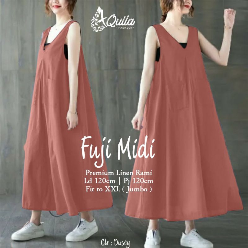 Fuji MIDI dress polos bahan linen rami premium // gamis ori by aquila
