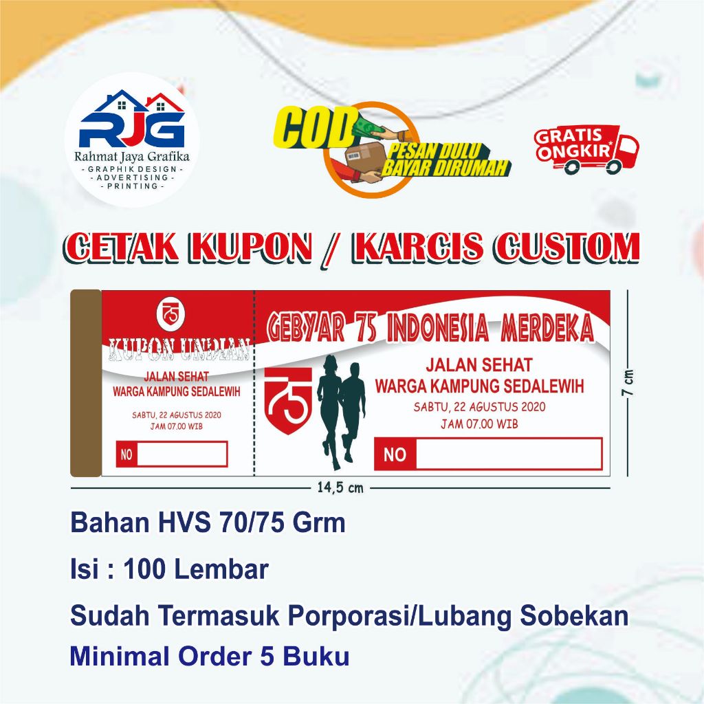 

Cetak Kupon Custom / Cetak Karcis Custom / Cetak Kupon Jalan Santai / Cetak Karcis Parkir / Kupon Undian / Kupon Jalan Santai / karcis parkir Desain Suka Suka Free Murah Rahmat Jaya Grafika