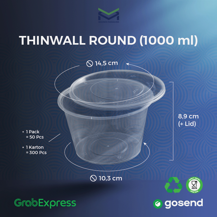 50pcs - Thinwall Round 1000ml - Tempat Makan Plastik Round 1000ml - Wadah Makan Bulat