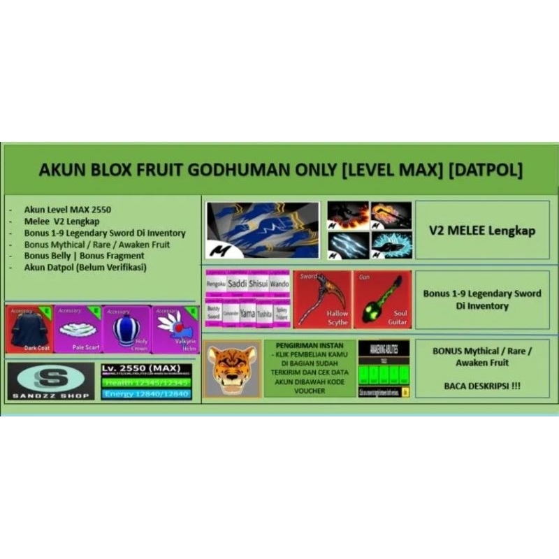 Akun Blox Fruit GODHUMAN [Level MAX] [Datpol] Belum Verifikasi
