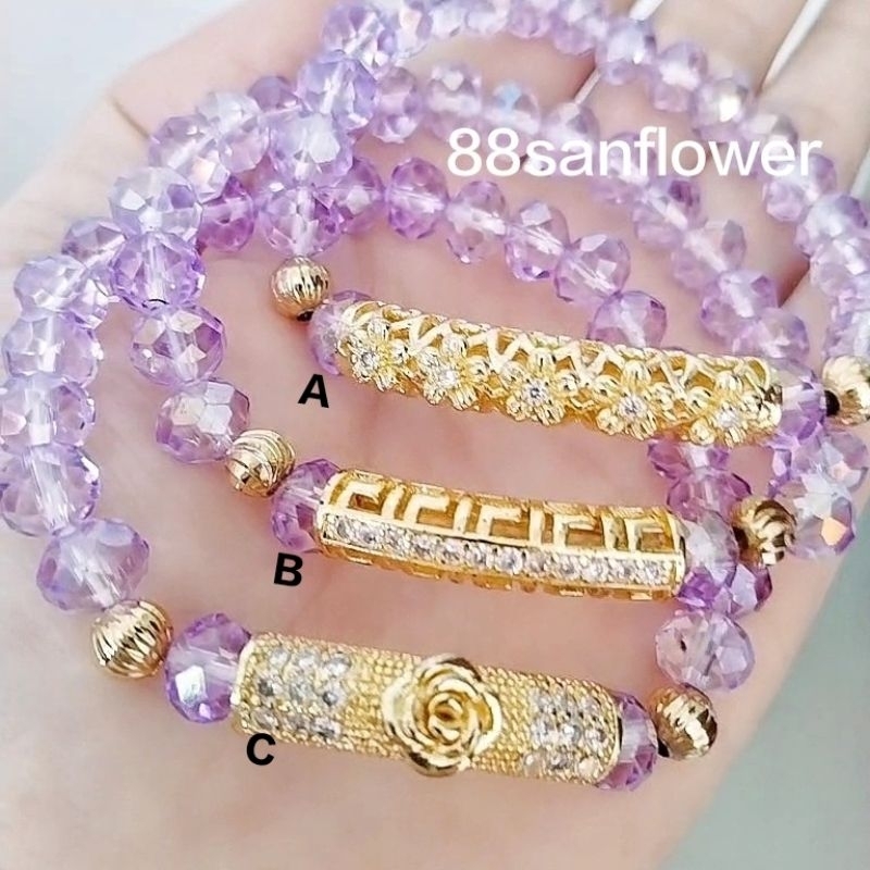 Gelang Kristal LILAC Ungu Liontin Pipa Lapis Emas
