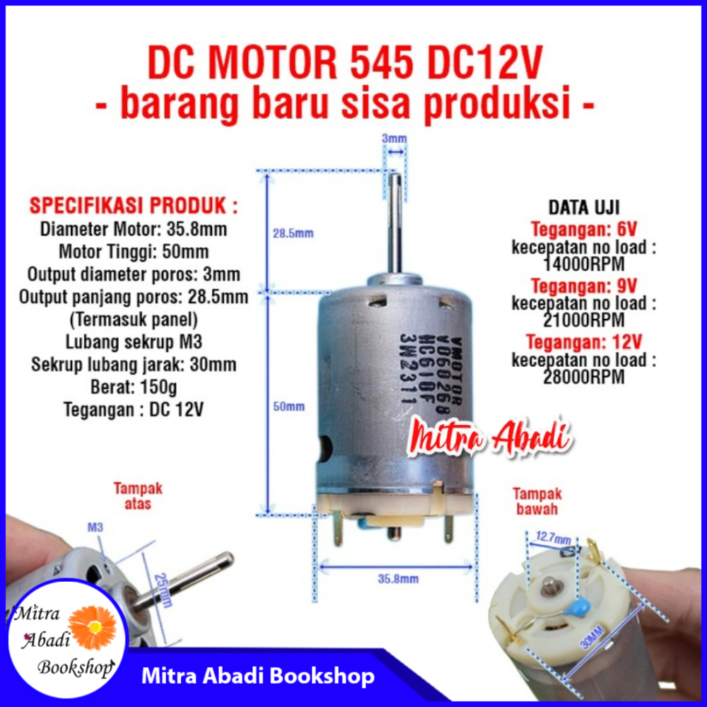 DC Motor Dinamo Fan 545 DC 12V Axis As 3mm As Panjang