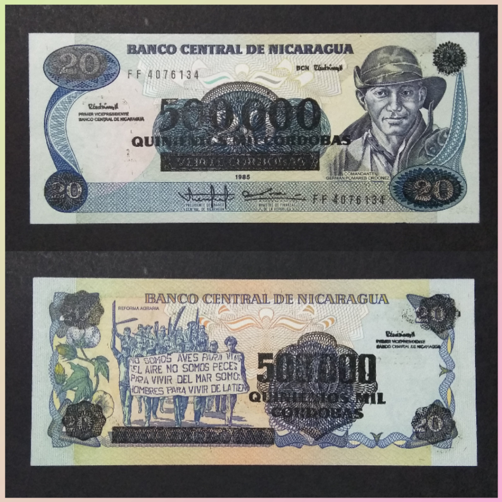 Uang Nicaragua 500000 Cordobas 1990 Overprinted