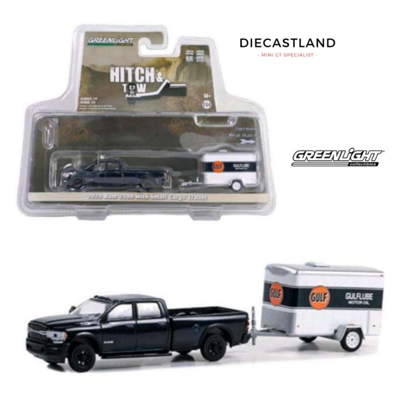 Greenlight 1/64 2023 Ram 2500 - Gulf Oil w/ Small Gulflube Motor Oil Cargo Trailer (Hitch & Tow) Ser