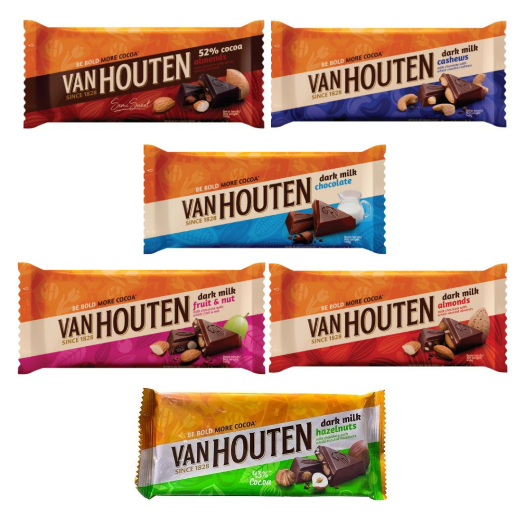 

Van Houten Dark Milk Cashew/52% Cocoa Almond/Dark Milk Fruit Nut/Dark Milk Almond/Dark Milk Chocolate 140g