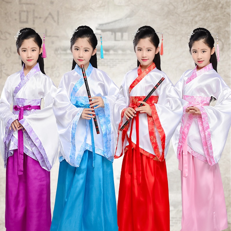 baju merah putih anak gaun perempuan dress anak import skirt baju/gaun nyanyi/pentas hanfu guzheng
