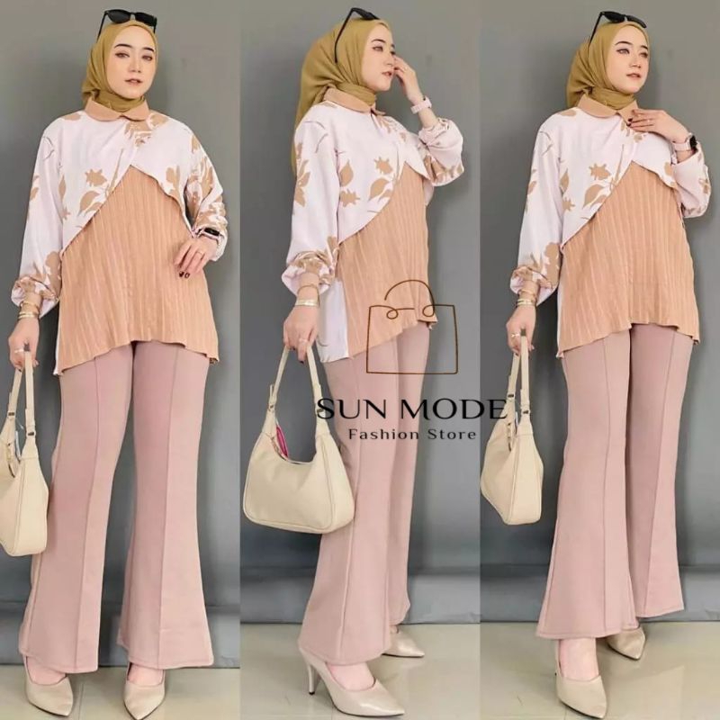 SET BLUS MOTIF BUNGA KOMBINASI PLISKET, CELANA CUTBREY SCUBA. NEW/BLUS CRINKLE KEKINIAN
