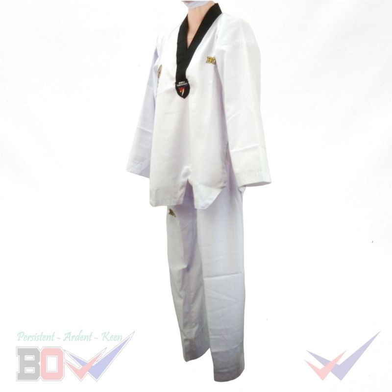 RB Dobok seragam baju taekwondo merk BOW Kerah Hitam Senior Pakaian Pelatih Coach TKD Diamond Katun