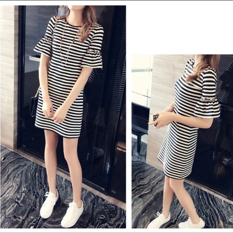 BAJU DRESS TERUSAN MOTIF GARIS (B66) DRESS MID-LENGHT MOTIF GARIS HITAM PUTIH