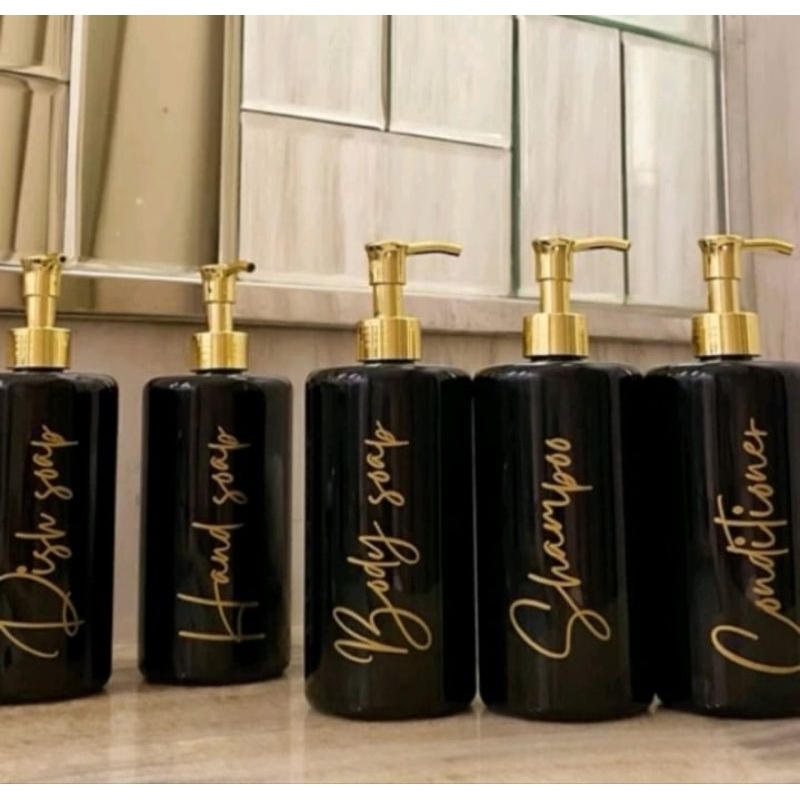 BOTOL REFILL 500ML WARNA HITAM GLOSSY PUMP GOLD LUXURY FREE STIKER CUTTING CLIP OIL GOLD PUMP