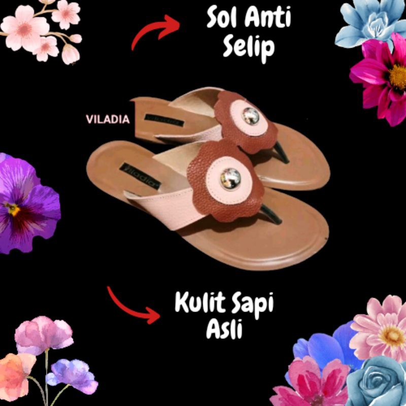 Sandal Wanita Kulit Asli  - Sandal Teplek Wanita Motif Bunga - Sandal Kulit Asli - Sandal Kulit Tepl