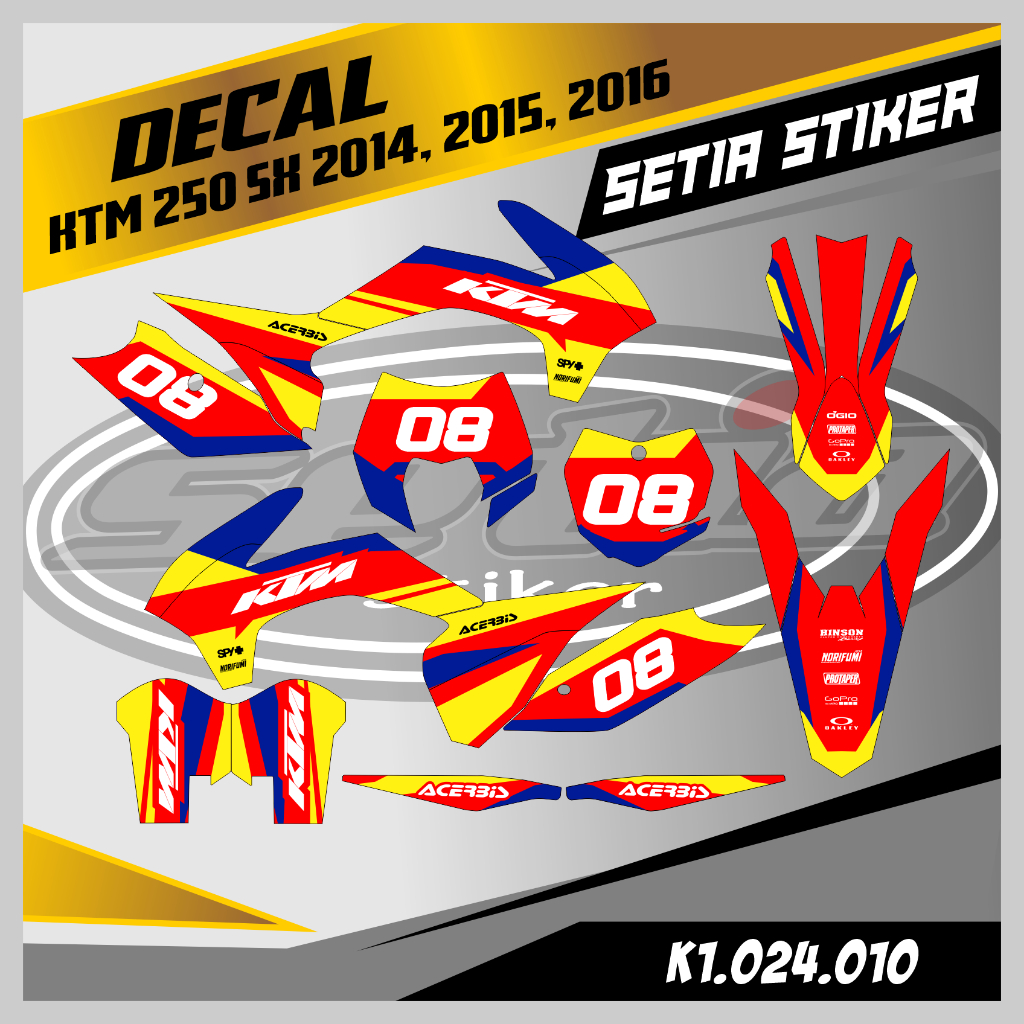 DECAL KTM 250 SX 2014-2016 FULL BODY, WARNA PUTIH KUNING, SUPERMOTO, TRAIL, DESAIN BEBAS CUSTOM BARU