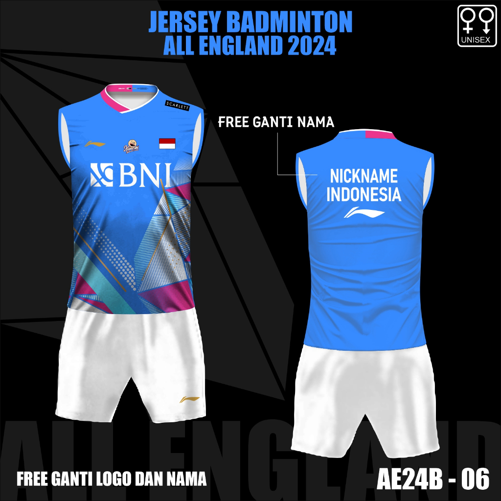 Setelan jersey singlet kaos badminton all england 2024 baju lining bulu tangkis terbaru free custom