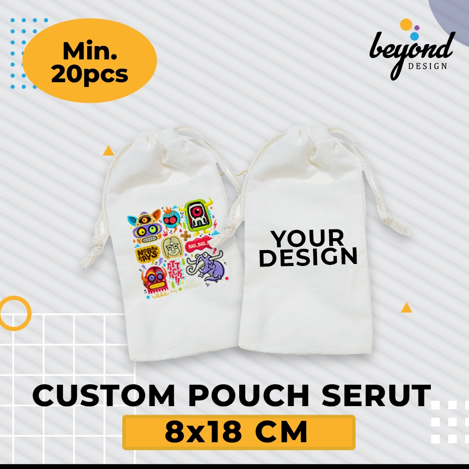 Pouch Serut Blacu Custom Logo/Gambar Souvenir Packaging uk 8x18cm
