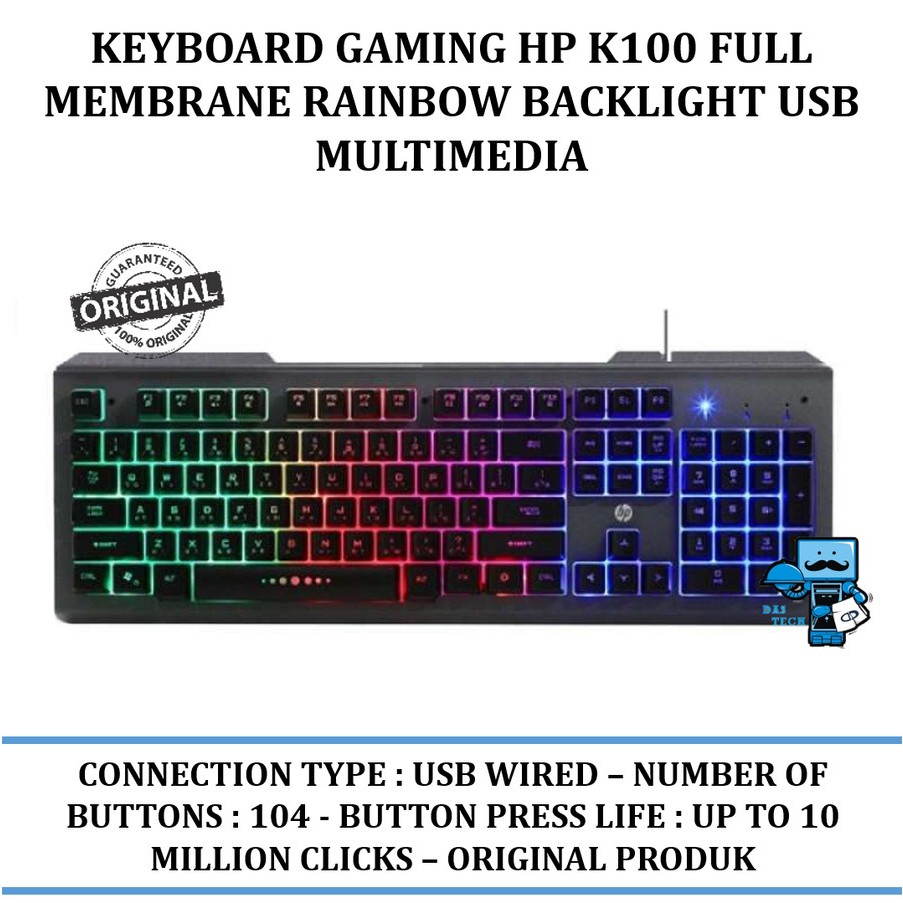 Keyboard Gaming HP K100 Full Membrane Rainbow Backlight USB Multimedia