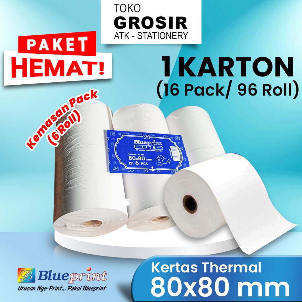 

PAKET HEMAT 80x80 P (1 KARTON 16P/ 96R) KERTAS KASIR STRUK (KEMASAN PACK) KERTAS THERMAL TERMAL EDC PPOB BLUEPRINT LITE 80MM X 80 Promo Hemat