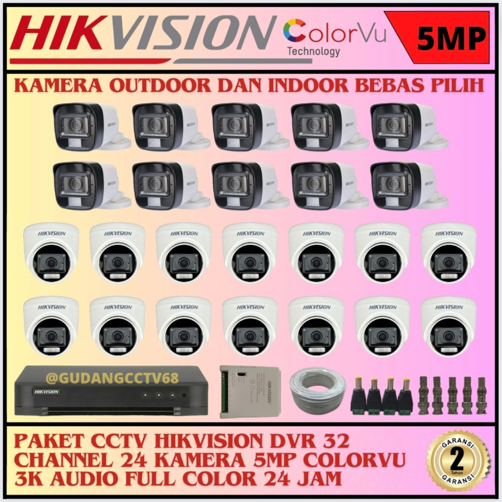 PAKET CCTV HIKVISION DVR 32 CHANNEL 24 CAMERA HIKVISION 5MP FULL COLOUR 3K COLORVU AUDIO SERIES