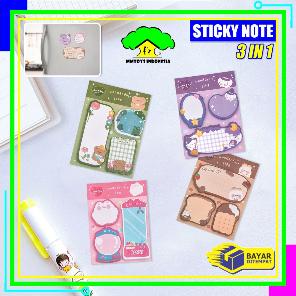 

MI-A89 Sticky Note 3 IN 1 Motif Kartun Bear Cat Kertas Memo Kombinasi Pola Hewan Lucu / Tempelan Kertas Catatan Pembatas Buku 60 Lembar Memopad