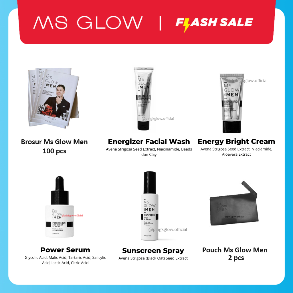 MS Glow for Men - Ecer Energizer Facial Wash - Energy Bright Cream Day Night - Power Serum - Sunscreen Spray | Krim Siang Malam | Sabun Muka dan Wajah | Brosur MS Glow Men Terbaru Barcode original