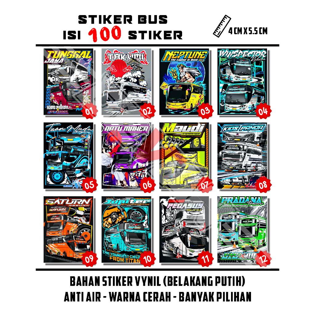 VIRAL stiker bus basuri isi 100 stiker | tunggal jaya kids panda takumi jb5 neptune winspector tuan 