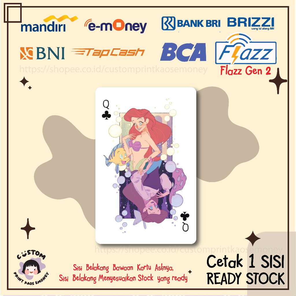 KARTU EMONEY ETOLL ANIME PRINCESS ARIEL DISNEY MANDIRI FLAZZ BCA GEN 2 BNI TAPCASH BRIZZI - 1 SISI