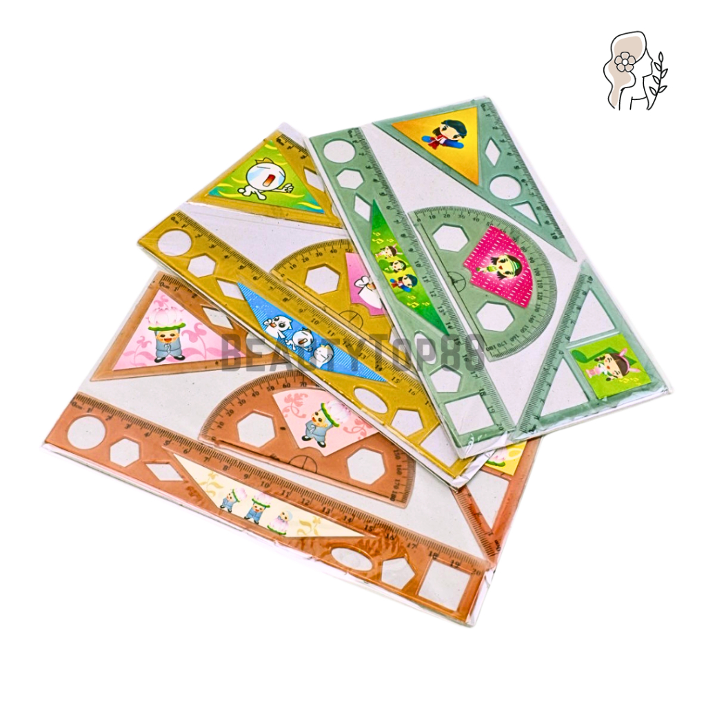 

Penggaris Set Plastik Isi 4 pcs / Garisan Busur Siku Siku Segitiga / Ruler Set 4 in 1