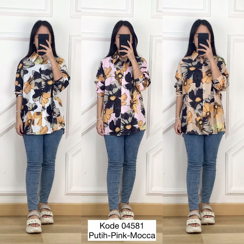 04581 KEMEJA FLOWER YIMINA FULL PRINT LENGAN PANJANG CLASSIC FASHION WANITA PREMIUM BASIC ATASAN LEN