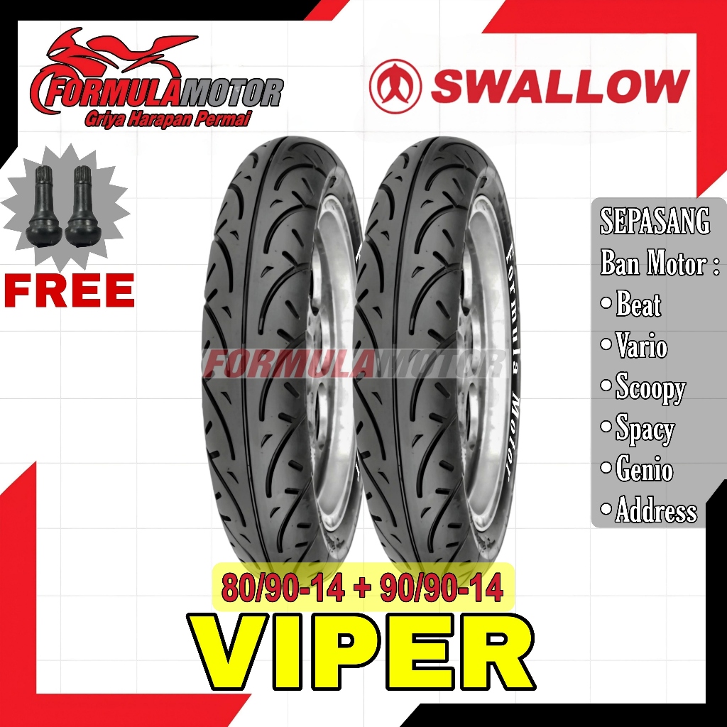 80/90-14 + 90/90-14 Swallow Viper Ring 14 Tubeless - Sepasang Ban Motor Beat, Vario, Scoopy, Spacy, Genio, Address Tubles S222 S-222