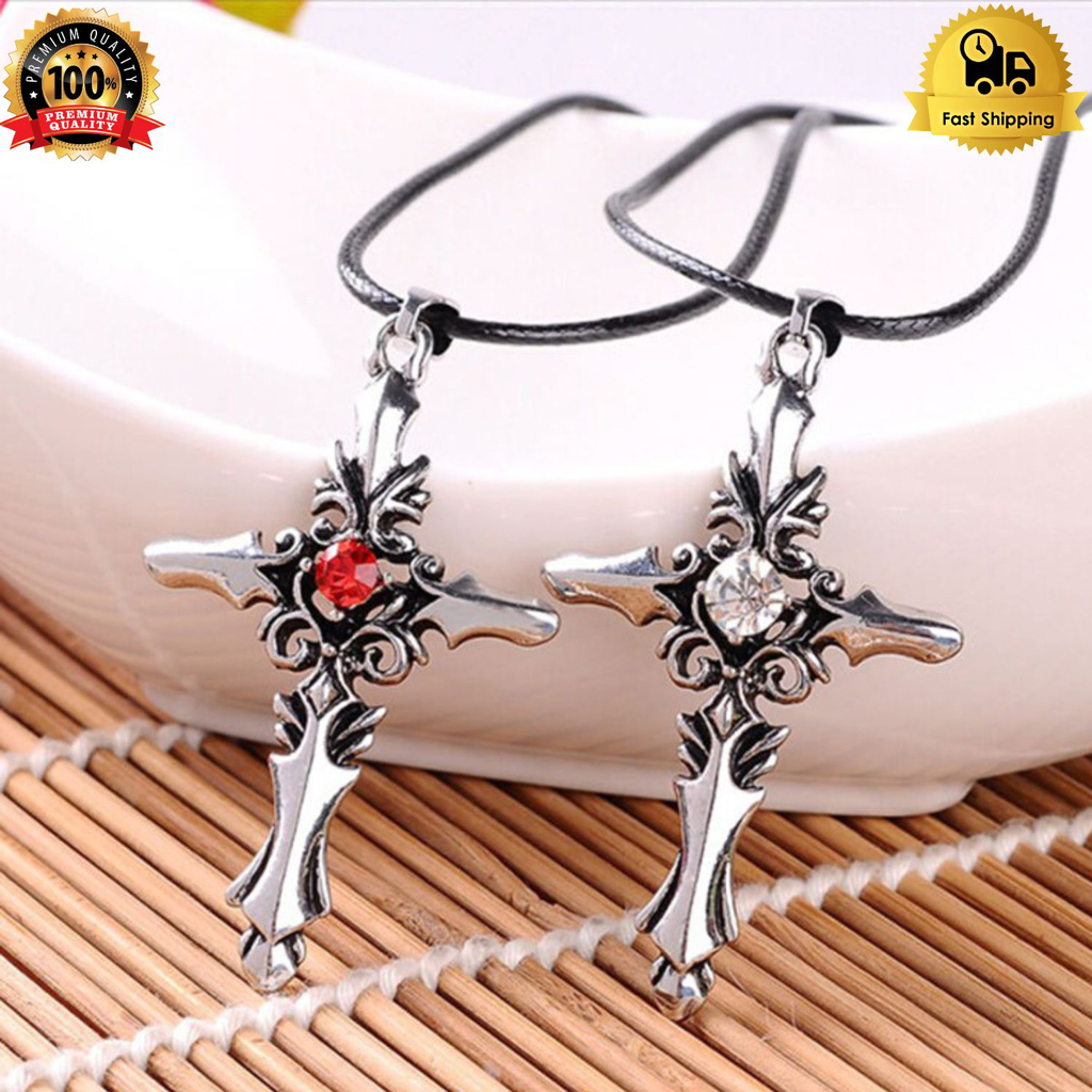 KALUNG PRIA SALIB PEDANG MATA RUBY UKIR SILVER RED TALI KULIT ORI K61