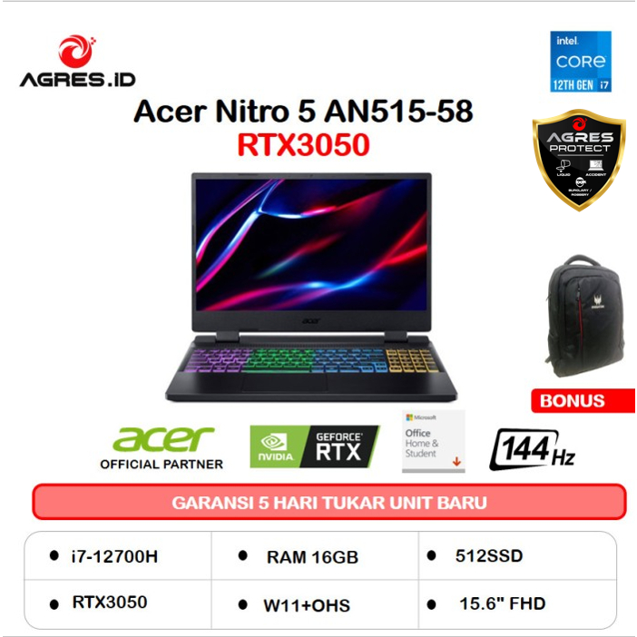 Acer Nitro 5 AN515-58-78PT Rtx3050 4GB/ I7 12700H 16GB 512SSD W11+OHS 15.6Fhd 144HZ 100Srgb 4Zrgb Tg