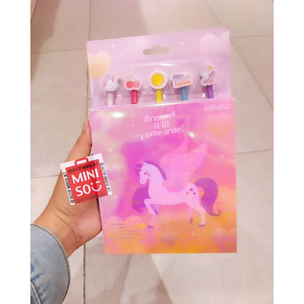 

MINISO Fantasy Unicorn Stationery Set (5 Pencils, 5 Erasers, 50 Sheets Notepad)