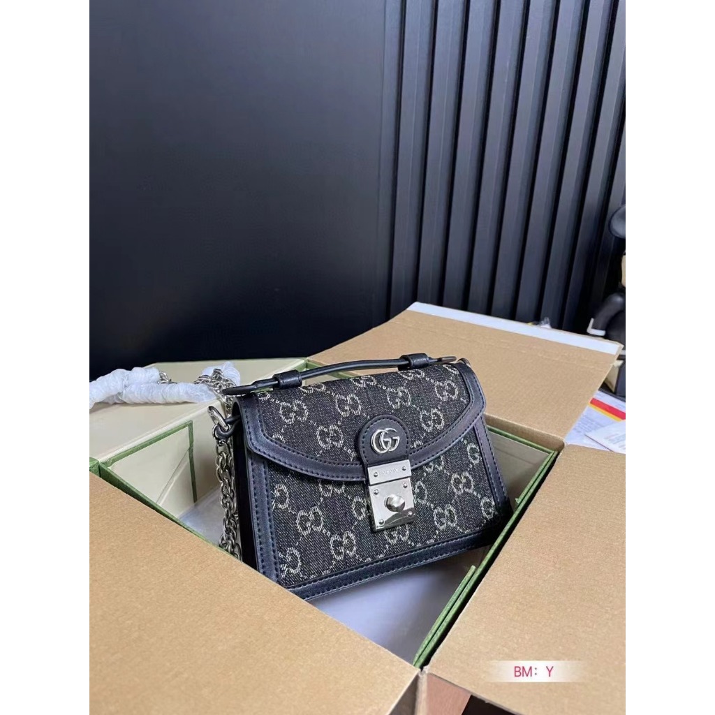 Gambar sebenarnya dari tas selempang tas rantai wanita denim hitam asap baru Gucci