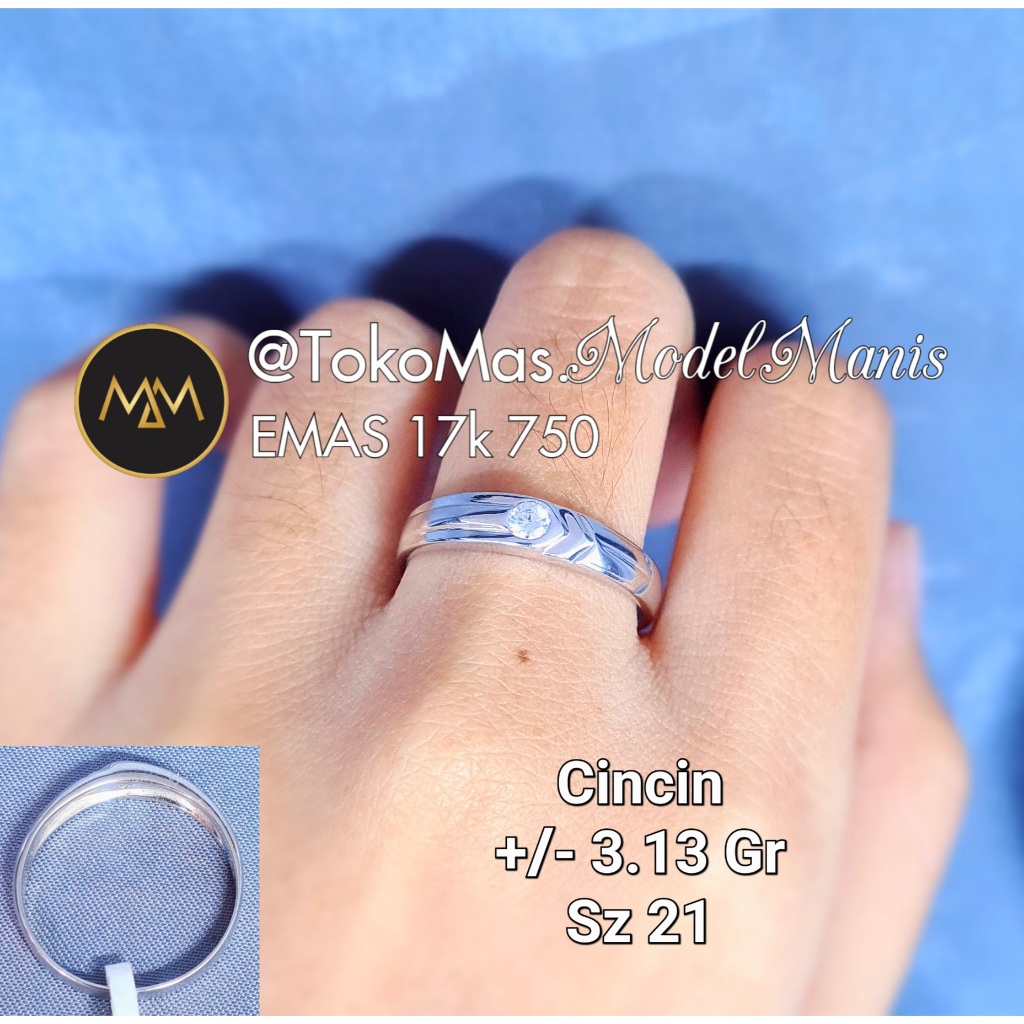 Cincin polos 1 mata emas putih 750 kadar 17k