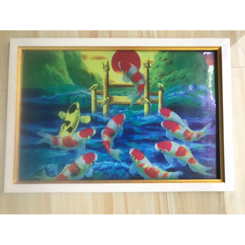 lukisan cetak gambar ikan koi lompat galang plus bingkai