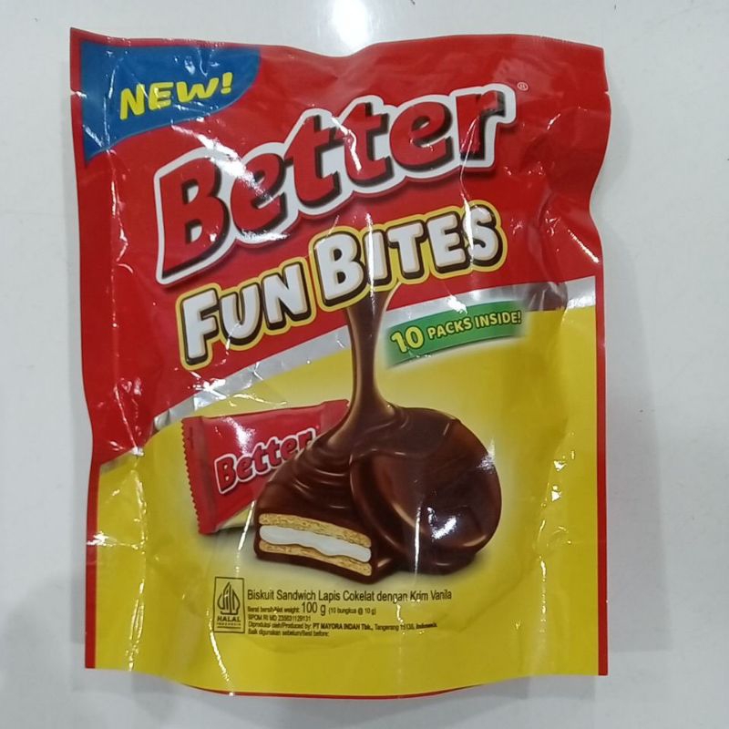 

Better Fun Bites Biskuit Sandwidch Lapis Cokelat dengan Krim Vanila 10 g @10 pcs / 100 gram