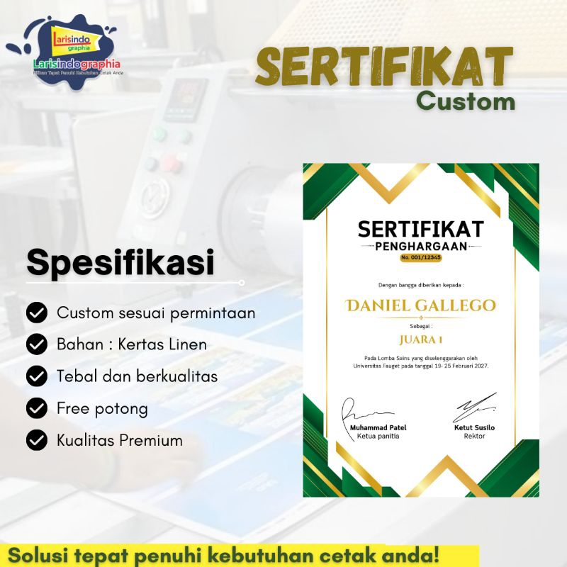 

Cetak Sertifikat Tebal | Cetak Sertifikat Murah | Sertifikat Linen
