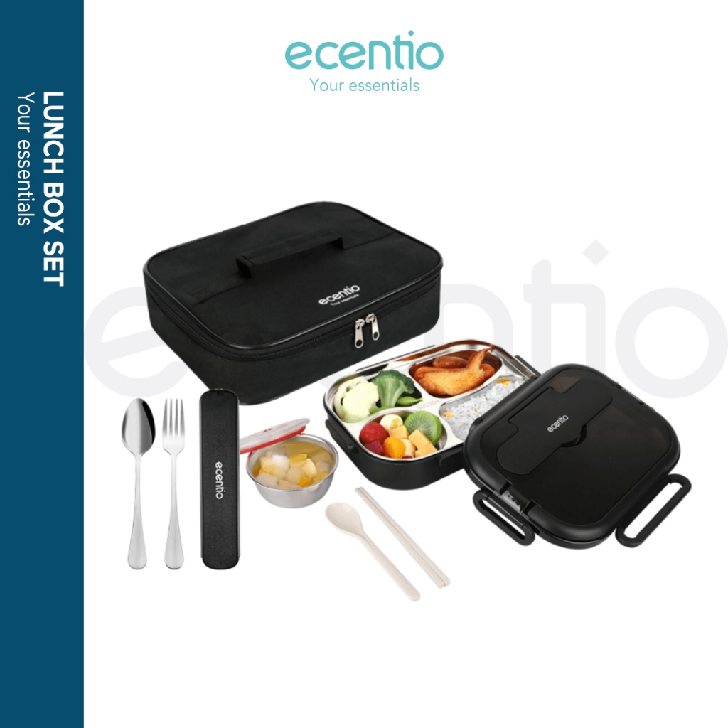 【Stainless 304】ecentio lunch box 1000ml stainless 304 sekat 4 dan anti tumpah free sendok sumpit